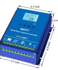Off Grid Hybrid Wind And Solar Charge Controller 1400W MPPT Auto 12/24V Battery with LCD display and dimensions.