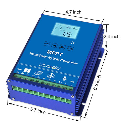 Off Grid Hybrid Wind And Solar Charge Controller 1400W MPPT Auto 12/24V Battery with LCD display and dimensions.