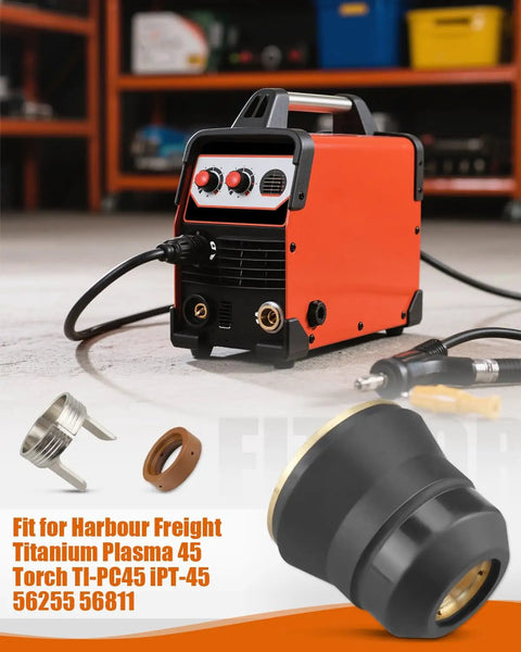 Two Piece Titanium Plasma Tip Kit For 45 And 65 Torch Models Fits TI PC45 IPT 45 56255 56811 65 And TI PC65 IPT 65 58895 Tough As Nails Durable Metal And Rubber Tips Built To Take The Heat shown with red torch machine and accessories.