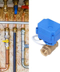 Top Tier Heavy Duty DC12V Brass Electric Ball Valve Shutoff with blue actuator installed in piping system.