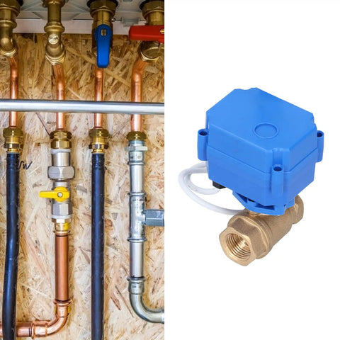 Top Tier Heavy Duty DC12V Brass Electric Ball Valve Shutoff with blue actuator installed in piping system.