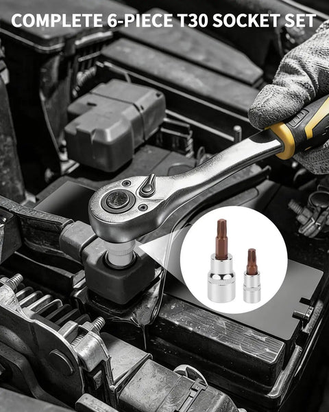 Torx T30 Socket Set Six Piece With One Quarter Inch And Three Eighth Inch Drives S2 Steel Star Sockets in use on car engine