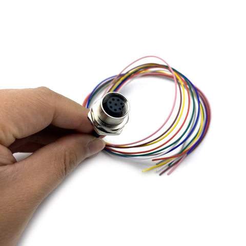 Close-up of hand holding 5-Pack M12 8-Pin A-Coded Female Connector Cable Industrial Grade IP67 Waterproof Back-Mount Socket, wires visible