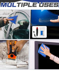 Collage showing Pro Grade Emblem Removal Tool Kit and Vinyl Wrap Set With Heat Gun Razor Scraper Squeegee in use on car and glass surfaces.