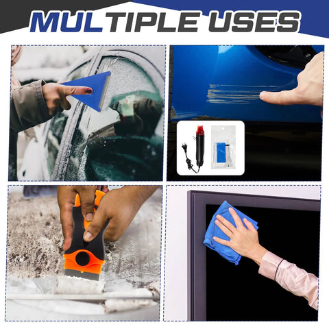 Collage showing Pro Grade Emblem Removal Tool Kit and Vinyl Wrap Set With Heat Gun Razor Scraper Squeegee in use on car and glass surfaces.