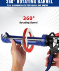 Person holding a caulking gun with adjustable flow for 10 oz tubes, showing 360° rotating barrel feature on the comfort grip sealant gun.