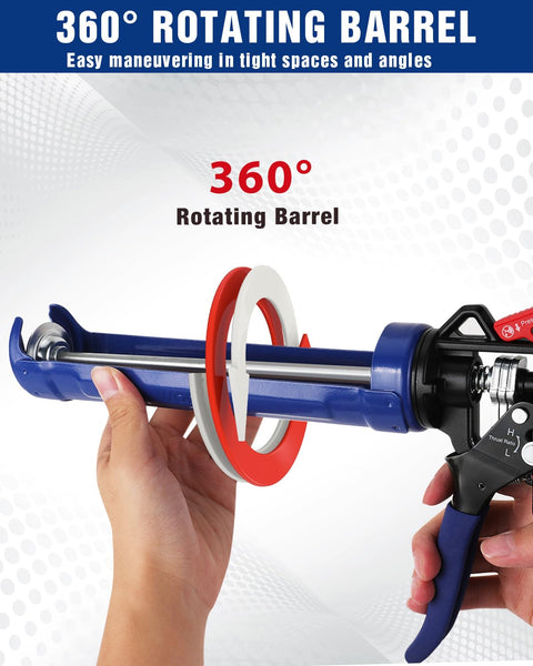 Person holding a caulking gun with adjustable flow for 10 oz tubes, showing 360° rotating barrel feature on the comfort grip sealant gun.
