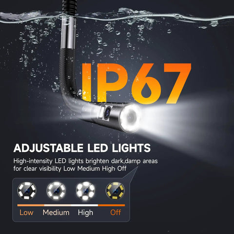 Slim 0.25 Inch Dual Lens Articulating Borescope with LED light showing IP67 waterproof feature underwater.