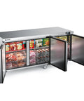 Heavy Duty Three Door Undercounter Freezer With 20.9 Cubic Foot Capacity And Stainless Steel Fan Cooled Worktop, open showcasing contents.