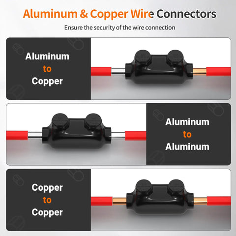 Heavy Duty Insulated Inline Splice Connector Kit for 250MCM to 6AWG Wire Aluminum to Copper Connectors showing configurations