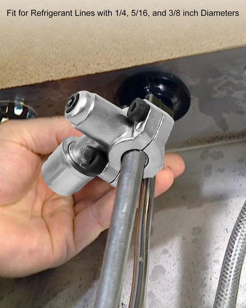 Close-up of BPV-31 bullet-piercing refrigerator line tap valve, metal body with black screws for 1/4–3/8 in lines