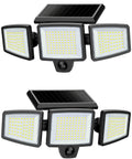 Solar Flood Lights With Motion Sensor, 210 LED 2500LM 6500K, All Weather IP65, 3 Adjustable Heads, 2 Pack, front view.