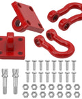 RC Decoration Accessories Set With Metal Tow Hooks Winch Hook And Trailer Chain Fire Extinguisher Style For One Tenth Scale Crawlers Compatible With Traxxas TRX4 Axial SCX10 Tamiya D90, showing red metal tow hooks and mounting hardware.