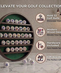 32 Ball Golf Display Case Wall Mounted Moon Shelf In Dark Brown Finish with instructional text beside it.