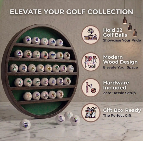 32 Ball Golf Display Case Wall Mounted Moon Shelf In Dark Brown Finish with instructional text beside it.