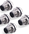 Five M12 4 Pin Male Aviation Panel Mount Connector IP67 Waterproof sockets with solid nylon body and screw joint.