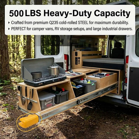 Outdoor setup with camper van using Beefy Heavy Duty Drawer Slides With 500 Lb Capacity for storage and kitchen space.