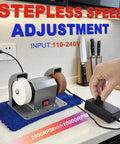 Heavy Duty Electric Knife Sharpener With Slick Variable Speed Control And Dual Sharpening Stone Setup with adjustable speed dial.