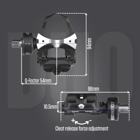 Diagram of Dual-Sided Power Meter Pedals Bundle With Two Pairs Of Black Cleats, Premium Cleaning Cloth, And Multi Tool Kit