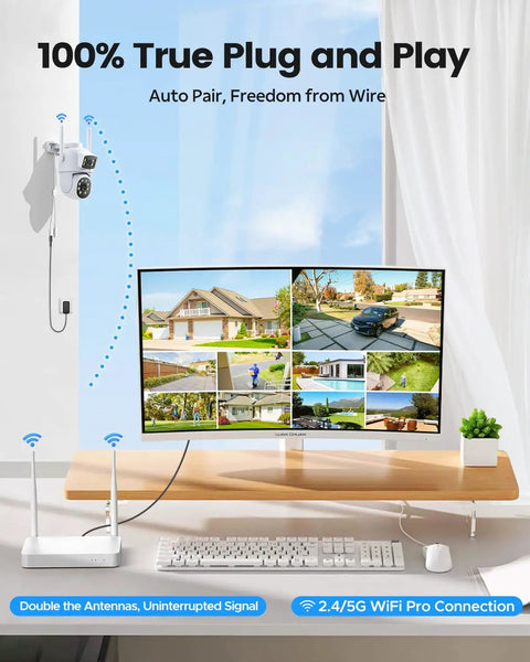 Dual-Lens Wireless Outdoor Home Security Camera System Four Camera Kit With 360 Degree Coverage setup on desk