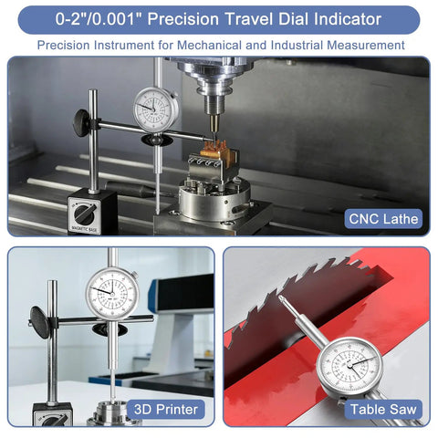 2 Inch Dial Indicator With 0.001 Inch Graduation showing use on CNC lathe, 3D printer, and table saw for precision measurements