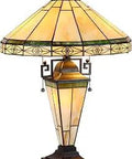 Cream Tiffany Style Stained Glass Table Lamp With Night Light Warm Glow Three Light Desk Lamp 16 Inch Wide Shade And 24 Inch Tall Stand
