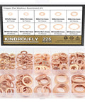 Copper Washer Set 225 Pieces With Seven Sizes M5 To M16 in plastic storage case, assortment of flat and sealing washers