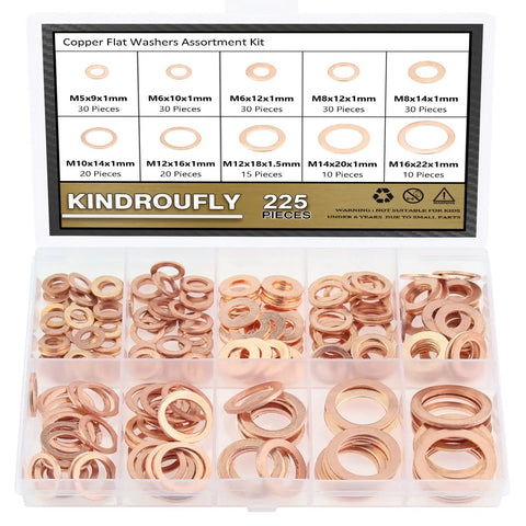 Copper Washer Set 225 Pieces With Seven Sizes M5 To M16 in plastic storage case, assortment of flat and sealing washers
