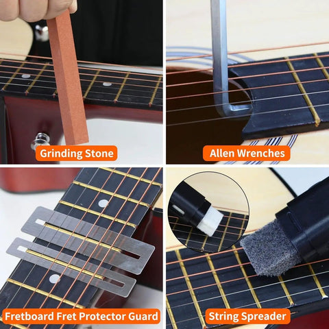 All In One 72 Pcs Guitar Tool Kit With Carry Bag featuring grinding stone, Allen wrenches, fretboard guard, and string spreader