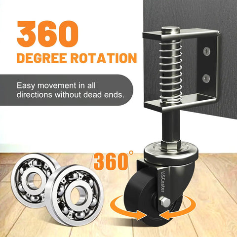 2 Inch Gate Caster Wheel For Wooden Gates, 360 Degree Swivel, Spring Loaded, 80 Pound Capacity, Solid Rubber Tire, Black Gate Wheel