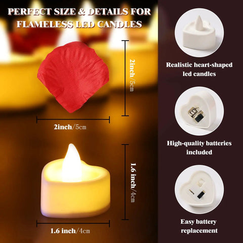 Romantic Decor Bundle With 3000 Artificial Rose Petals And 48 Heart Flameless LED Tea Lights Battery Operated Candles details