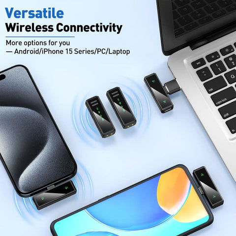 Wireless Lavalier Microphone For Android, PC, Laptop, And iPhone 15 16 plugged into laptop and phones with 2.4GHz receiver