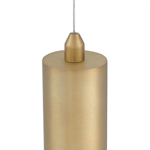 Close-up of Rayman Contemporary One Light Dimmable LED Indoor Mini Pendant Light in brushed brass finish, cable visible