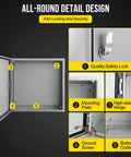 Interior view of Tough As Nails 16 X 16 X 8 Inch Nema 4X Steel Electrical Box showing safety lock and hinge details.