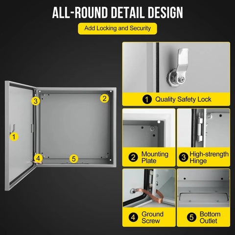 Interior view of Tough As Nails 16 X 16 X 8 Inch Nema 4X Steel Electrical Box showing safety lock and hinge details.