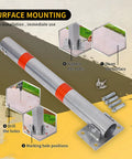 Beefy Foldable Steel Parking Bollard Post With Secure Lock And Bold Warning Stripes For No Sweat Driveway Garage And Street Traffic Control Effortless Setup Barrier In Matte Gray showing surface mounting installation steps.