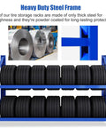 Tire display rack featuring heavy duty steel frame, holding multiple tires for organized storage. Badass Adjustable Tire Display Rack, Heavy Duty Double Deck Wheel Storage Cart, Universal Commercial Stand For Tight Shop Organization And Easy Rolling Moves, Built Tough For The Daily Grind.