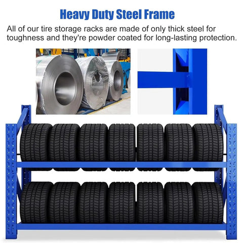 Tire display rack featuring heavy duty steel frame, holding multiple tires for organized storage. Badass Adjustable Tire Display Rack, Heavy Duty Double Deck Wheel Storage Cart, Universal Commercial Stand For Tight Shop Organization And Easy Rolling Moves, Built Tough For The Daily Grind.
