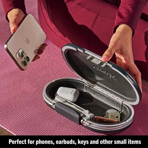 Portable Travel Lock Box With Four-Digit Combo, open with phone, earbuds, cash; small personal safe for phones, passports, cash, gunmetal grey 5900D