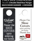 Double-sided door hanger for foldable fabric shoe cover storage box with shoe cover reminder messages, black and white design