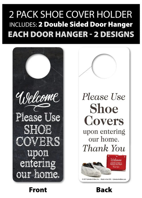 Double-sided door hanger for foldable fabric shoe cover storage box with shoe cover reminder messages, black and white design