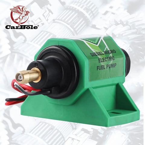 Universal 12V Diesel Fuel Pump 5-9 PSI, 35 GPH, 12D Super Model with green housing and brass inlet, electrical wires visible