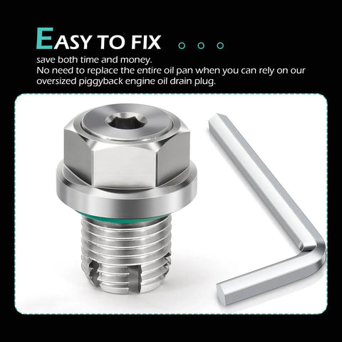 Oversized Piggyback Garage Grade Oil Drain Plug Kit M14.1 By 1.5 Stainless Steel With O Ring And L Wrench Silver