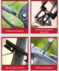Close-up of 38 In 1 Bike Repair Kit With Chain Levers Hex Spoke Wrench Crank Puller And Splitter Tool Portable Cycling Toolbox in use