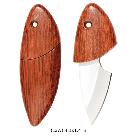 Everyday Carry Utility Knife And Box Cutter With Stainless Steel Peeler, natural wood handle pocket tool, closed and open view.