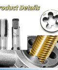 M16 X 1.5 and M14 X 1.5 Tap and Die Set for Metric Threads Right Hand with taps, die, and threading example