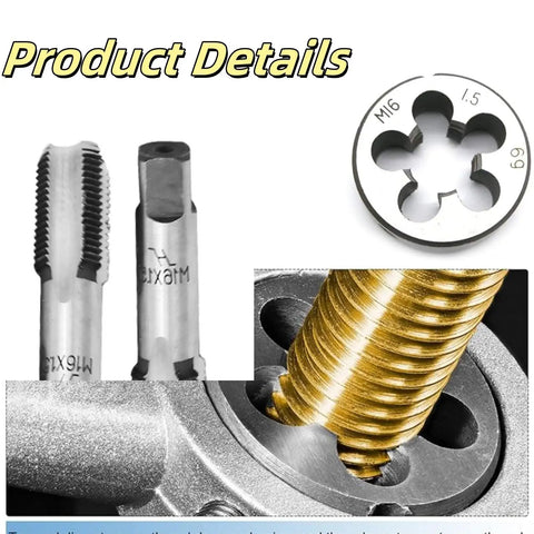 M16 X 1.5 and M14 X 1.5 Tap and Die Set for Metric Threads Right Hand with taps, die, and threading example