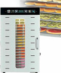 Heavy Duty Electric Food Dehydrator With Slick Touch Panel And Smart Dual Fans For Crafting Top Shelf Beef Jerky And Crispy Fruit Chips Without Any Fuss At Home, showcasing colorful fruit slices on racks.