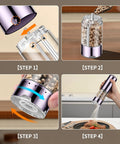 Rechargeable Electric Salt And Pepper Grinder Set With No Fuss One Hand Operation, USB Charging, showing 4-step use process.