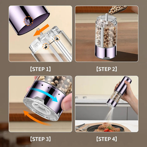 Rechargeable Electric Salt And Pepper Grinder Set With No Fuss One Hand Operation, USB Charging, showing 4-step use process.
